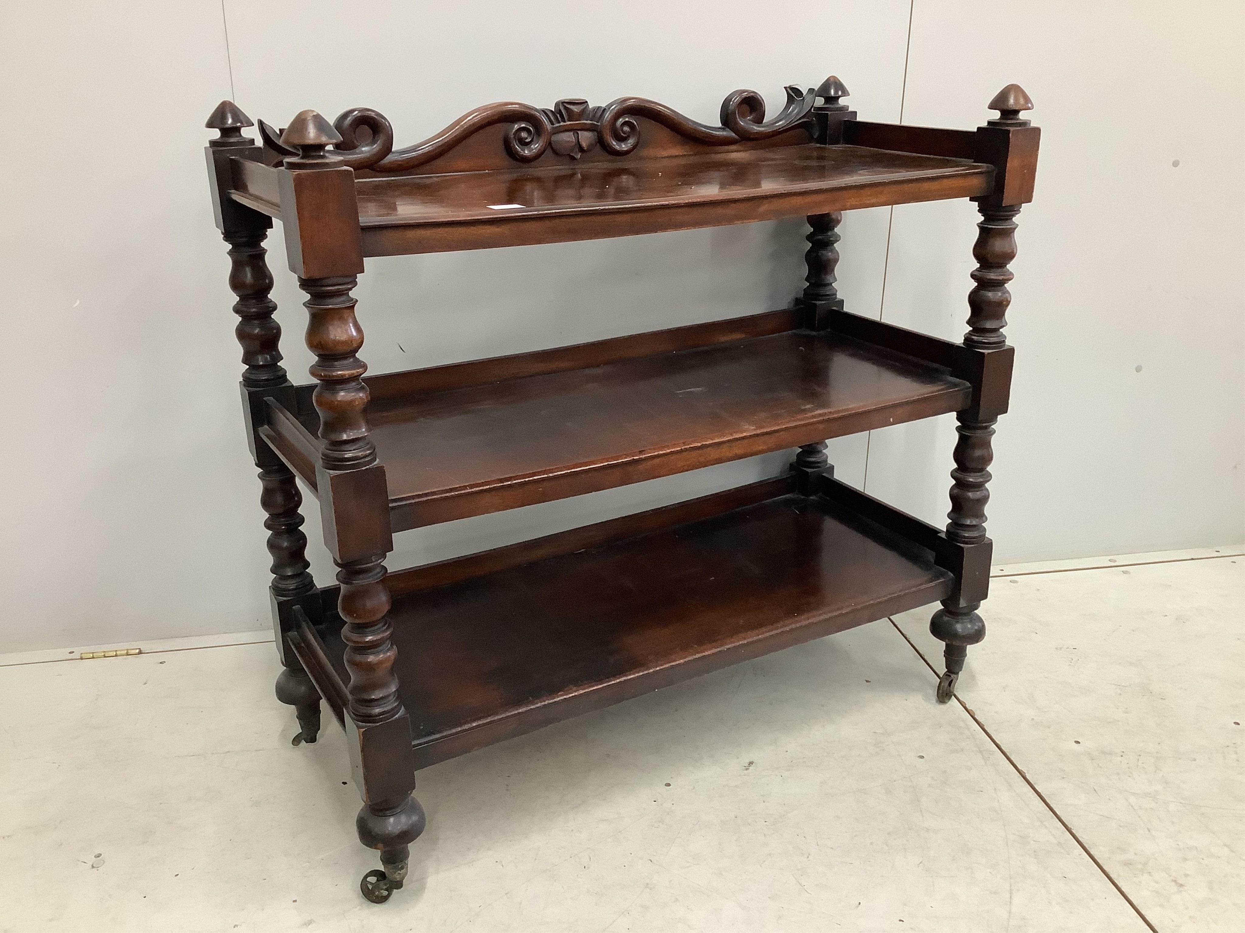 An early Victorian mahogany three tier buffet, width 114cm, depth 49cm, height 108cm. Condition - fair